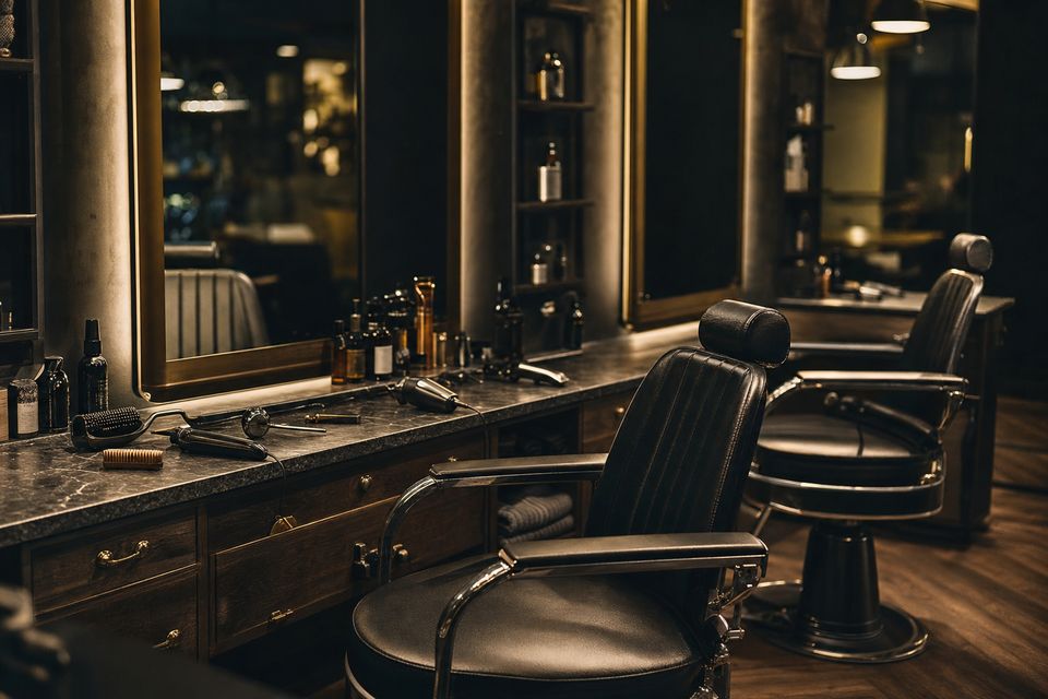 Der Barbershop von innen: Stühle vor Spiegeln in warmem Abendlicht